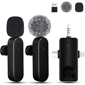 Mini Microphone for iPhone Android Camera iPad USB-C, 4 in 1 Professional Wireless Lavalier Lapel Microphone for Recording, Live Stream, YouTube, Facebook, TikTok, Vlog (2 Pcs)