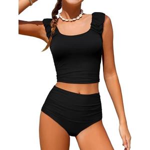 Doumlop Girls Tankini Swimsuit 2 Piece Bathing Suit Twist Cross Back Cutout Swim Tank Top Floral Print Swimwear for 11-12Y