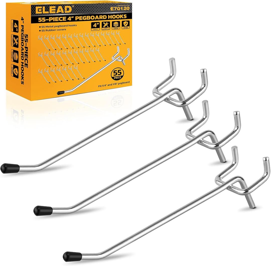 ELEAD 55-Piece 4 Inch Pegboard Hooks, Heavy Duty Peg Board Organizer Accessories, Peg Board Tool Hangers Fit for 1/4" and 1/8" Pegboard Hanging Tools Garage, Workshop, and Craft Storage