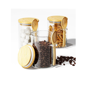 Coffee Sugar Container Salts Jars - 15oz Glass Airtight Caning with Bamboo Lids and Spoons Scoop, Storage Overnight Oats, Spice, Creamer, Food Organizer, Set of 3