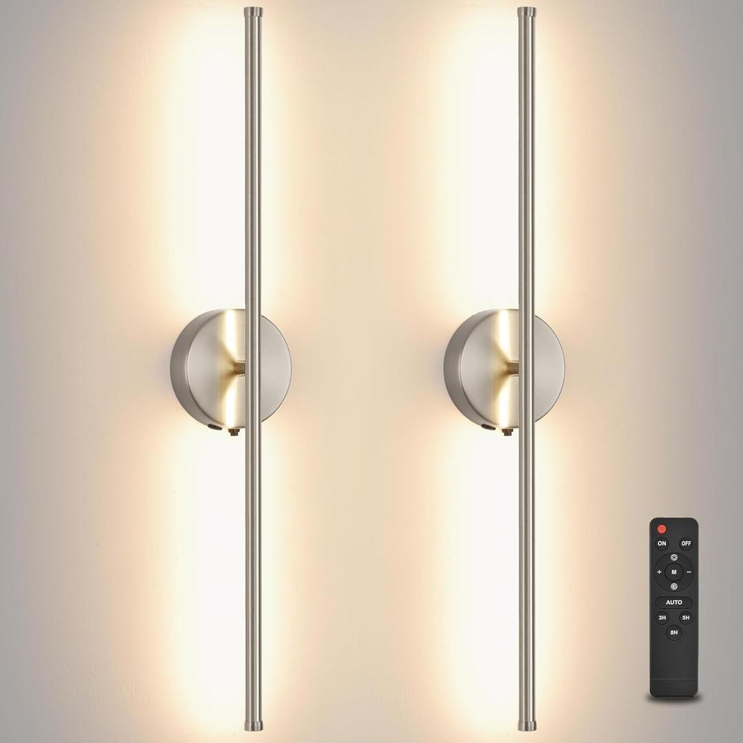 Battery Operated wall Sconce Set of 2, Brushed Nickel 27.5" LED USB Rechargeable dimmable wall Sconce with Remote Control, Rotate 350 for Living Room, Bedroom, Hallway and scones Lighting