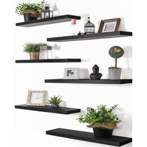 PHPH 24 Inch Wood Floating Shelves for Wall, Wooden Wall Shelves for Bedroom, Set of 6 Black