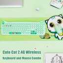 Cute Cat 2.4G USB Wireless Keyboard and Mouse Combo, Silent Keys, Candy Colors, Compatible with Notebook, PC (Green-110Keys)