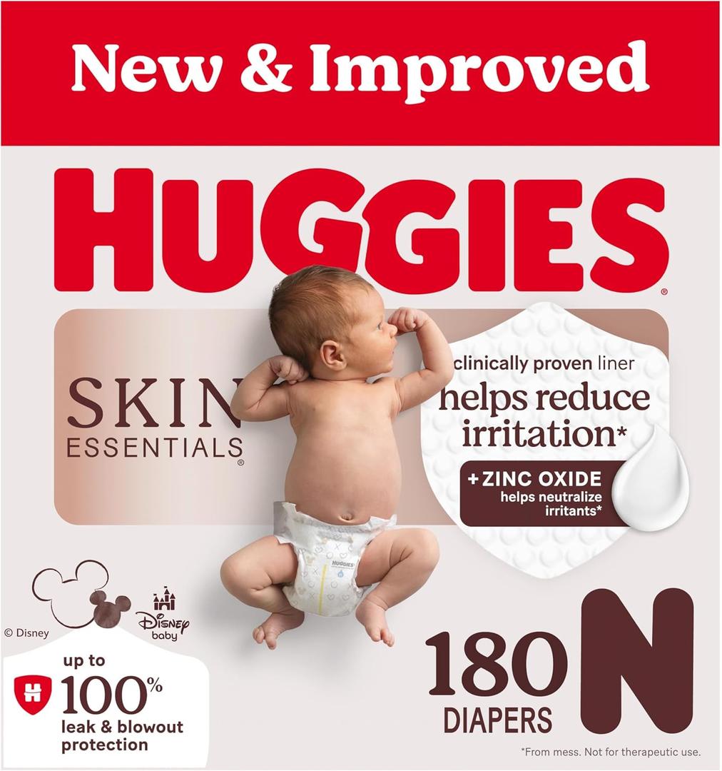 Huggies Size Newborn Diapers, Skin Essentials Baby Diapers, Size Newborn (6-9 lbs), 180 Count (3 Packs of 60)