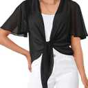 MEROKEETY Women's Summer Lightweight Sheer Shrugs Tie Front Chiffon Cardigan Cover Up Shawls for Evening Dresses (Black, XL)