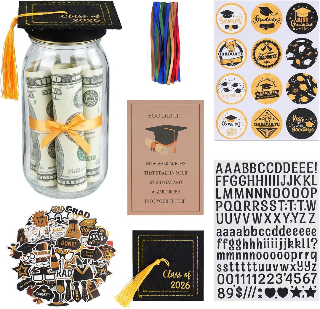 2026 Graduation Gifts, Personalized Name Graduation Mason Jar, Class Of 2026 Cap Kit, Filled With Ribbon, 50pcs Stickers, Congrats Decorations Party Supplies For Him Her Women Men College High School
