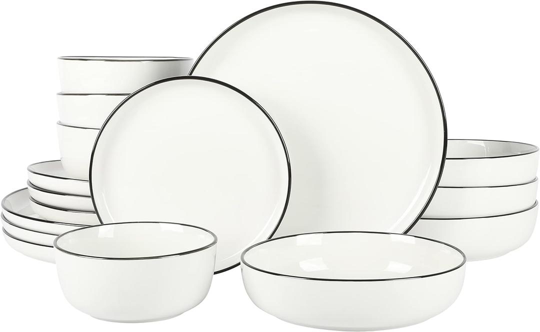 Gibson Home Oslo 16 Piece Porcelain Dinnerware Set, White w/Black Rim Rim, Service for 4 (16pcs)