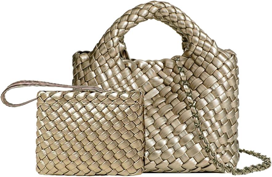 OUYGZOU Woven Tote Bag for Women with Coin Purse, Foldable Chain Small Crossbody Handbags, Fashion Shoulder Bag, Hobo Satchel (Champagne Gold)