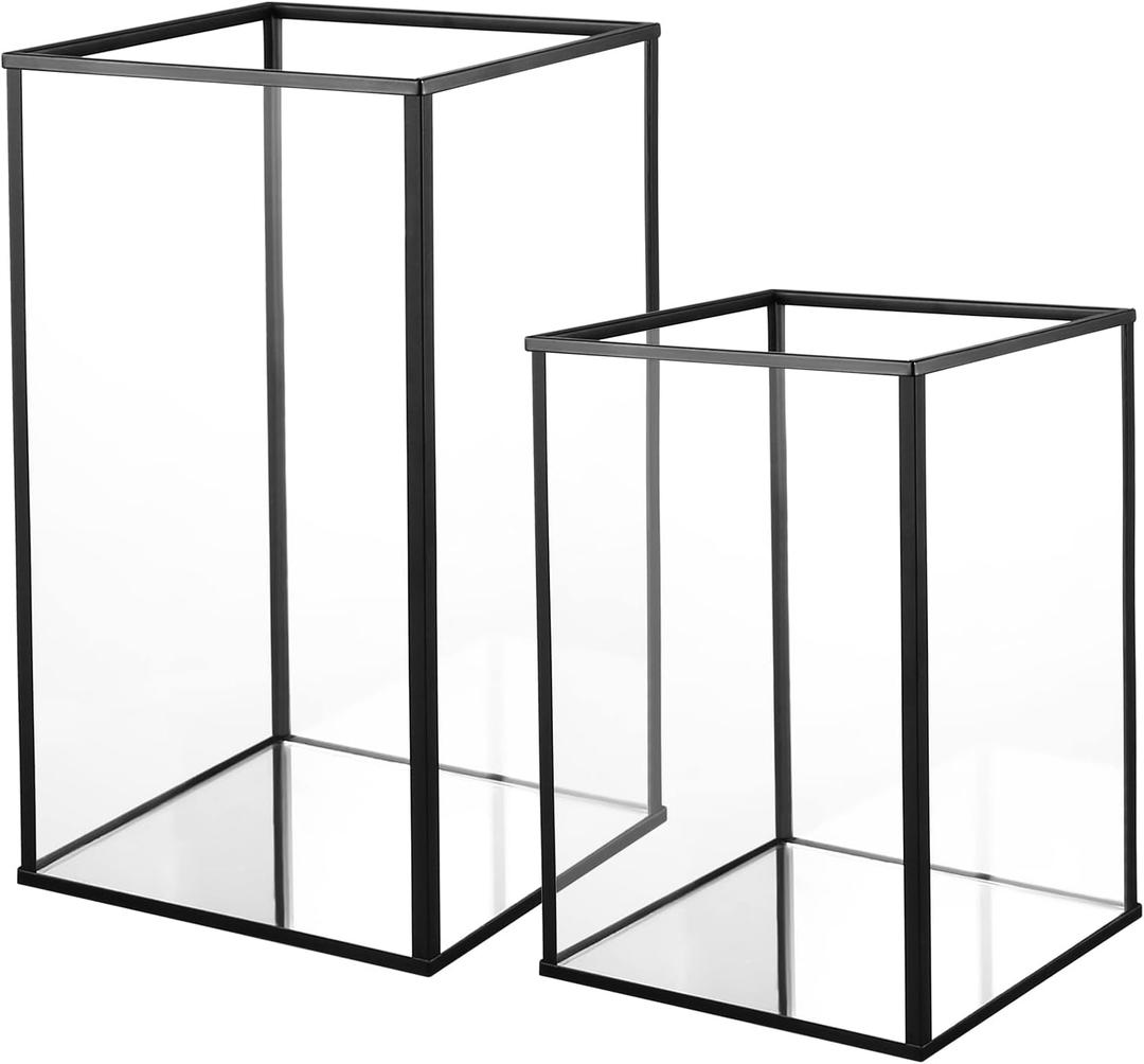 Phosphor Hurricane Camdle Holder Set of 2 Pieces, Black Glass Candle Holder for Wedding, Party, Holiday (5"L x 5"W x 7"H)