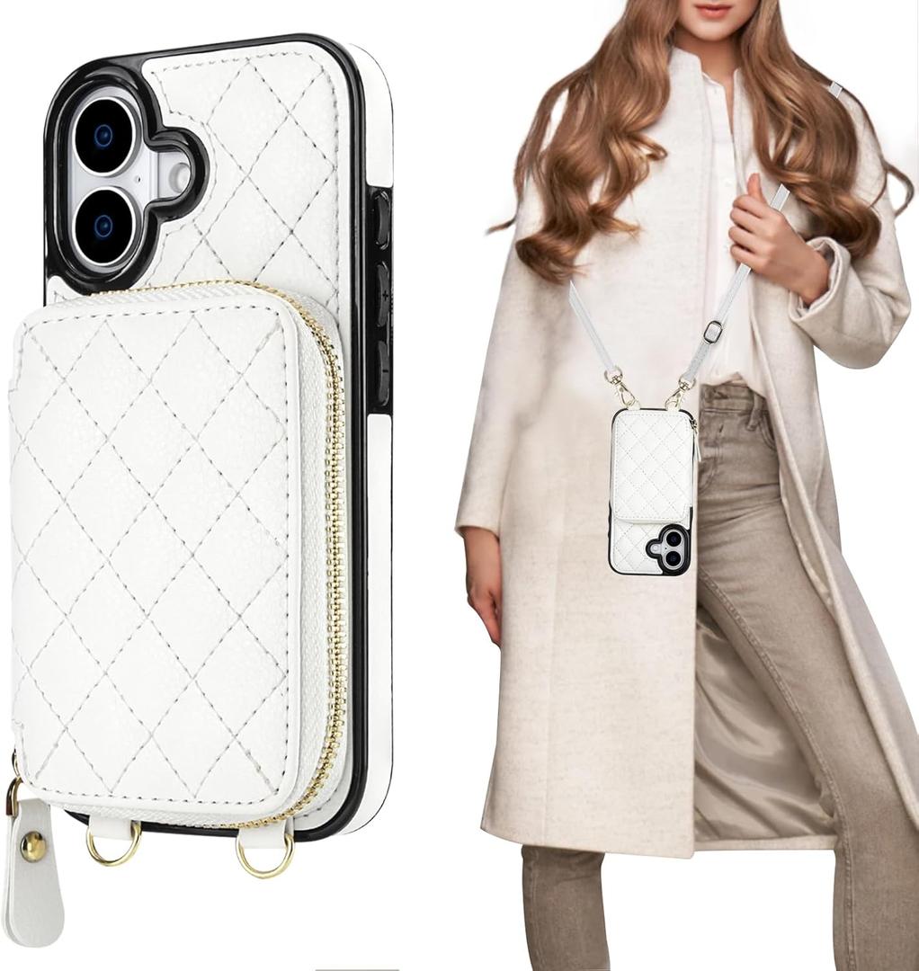 Bocasal Crossbody Wallet Case for iPhone 17, RFID Blocking PU Leather Zipper Handbag Purse Flip Cover, Kickstand Folio Case with Card Slots Holder Wrist Strap Lanyard 5G 6.3 Inch (White)