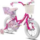 JOYSTAR Unicorn 14 Inch Kids Bike for 3-5 Years Girls Bike with Doll Bike Seat Children Princess Bike with Training Wheels Basket Streamer Toddler Girls Bicycle Fuchsia