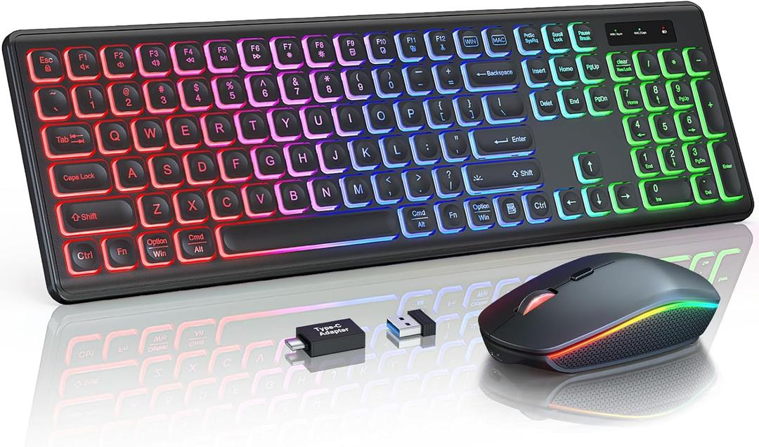 Wireless Keyboard and Mouse Combo - RGB Backlit, Rechargeable & Light Up Letters, Full-Size, Ergonomic Tilt Angle, Sleep Mode, 2.4GHz Quiet Keyboard Mouse for Mac, Windows, Laptop, PC (Black)