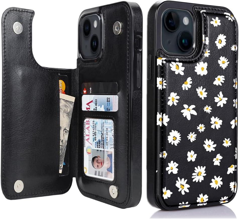 uCOLOR Floral Flip Leather Wallet Case Card Holder Compatible with iPhone 13/14 6.1 Women and Girls with Card Holder Kickstand (Daisy)