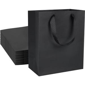QIELSER 24 Medium Size Kraft Gift Bags - 8x4.75x10 Inches, Black Paper Shopping Bags with Ribbon Handles for Parties, Weddings and More