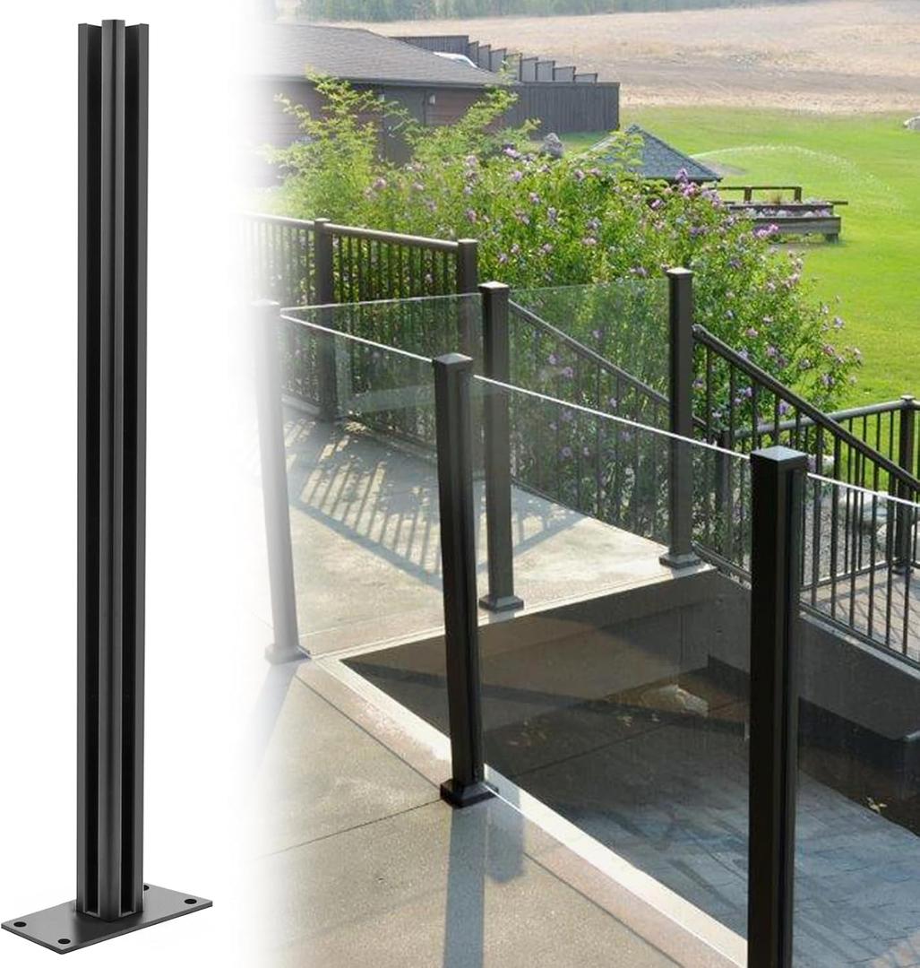 Glass Railing Corner Post 43.5", 304 Stainless Steel Glass Balustrade Post with Spigot Slots for Indoors & Outdoors Railing of Deck, Balcony, Attic, Staircase (Mid Post, Black)
