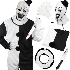 QIHUACOSPVC Halloween Clown Costume Black and White Clown Jumpsuit Outfit With Mask Accessories Set (Full-face, 110)