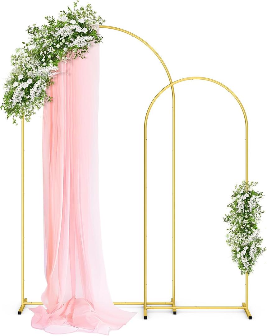 Pureegg Metal Arch Backdrop Stand Set - Set of 2 (7.2ft/6.0ft), Gold Wedding Stand with Stable Base, Elegant Backdrop Cover for Party, Birthday, Baby Shower, Graduation, Easy to Assemble