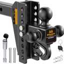 Adjustable Trailer Hitch - Drop Hitch -Tri Ball Mount with Hook (1-7/8'', 2''&2-5/16''), Fits 2-Inch Receiver, 8'' Drop/Rise 12,500 LBS GTW Tow Hitch, 3 Ball Hitches for Trucks, RV, Camper etc