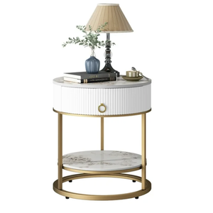 ASYA White End Table with Drawer, 2-Tier Sofa Side Table, 21.65’’Round Nightstand for Bedroom, Metal & Stone