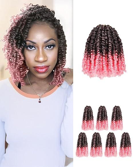 Super Short Passion Twist Crochet Hair for Black Women and Kids-6 Inch 7 Packs Ombre Pink Pre-Looped Pre-twisted Passion Twist Hair, Bob Spring Kinky Twist Bohemian Curl(6"- 7 Pieces, TPink)