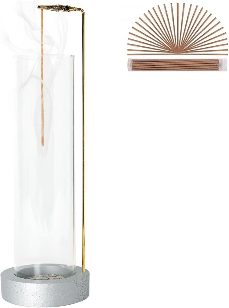 Incense Holder for Sticks, Anti-Ash Flying Incense Burner with 30 Incense Sticks, Detachable Glass Ash Catcher (Silver)