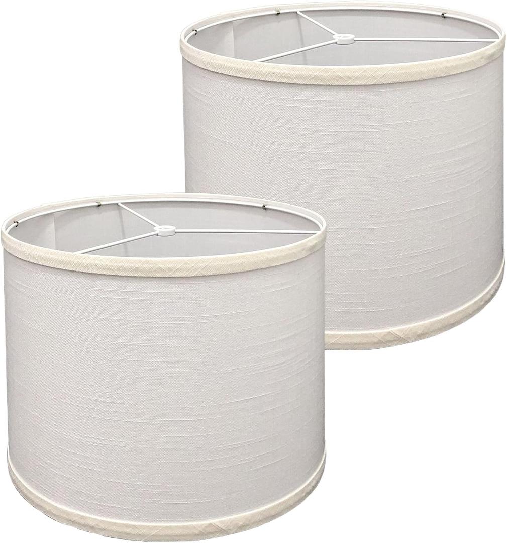 Drum Lamp Shades Set of 2,Hand Crafted Lampshades, Linen Fabric Lampshades for Table &Floor Lamps, 13" Top x 13" x 10" (Spider Fitter),Easy Assembly Required,13 Inches (White)