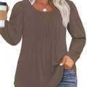 Long Sleeve Shirts for Women Plus Size Flowy Swing Pleated Blouse Coffee (Brown)