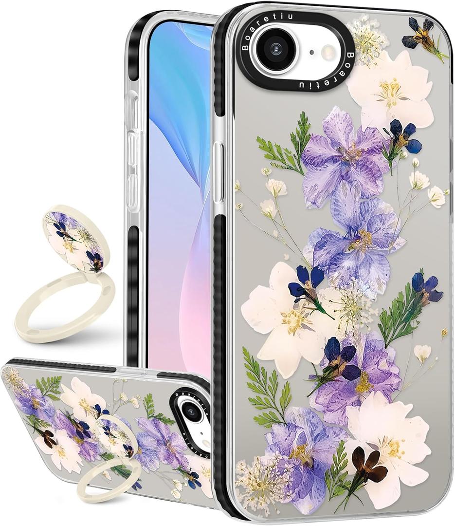 Boaretiu Cute Kawaii for iPhone 17e/16e Case with Stand - Fashion Cool 360 Rotate Ring Holder Kickstand Purple Flower Design for Women Girls Boys Teens Girly for iPhone 17e/16e Phone Case