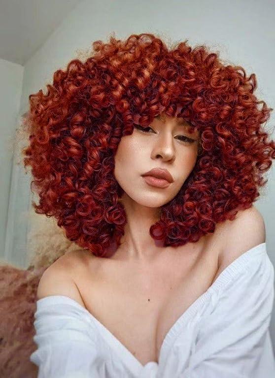 Afro Short Curly Orange Wigs for Black Women,Kinky Ombre Orange Wig With Bangs Synthetic Heat Resistant Hair for Daily Use