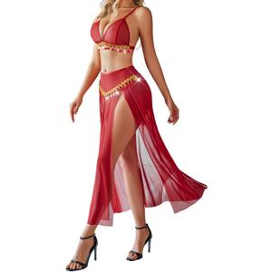 Avidlove Sexy Lingerie for Women Costumes Outfits Mesh Sheer Bra Crop Top High Waist Split Long Skirt Sets Wine Red XXL