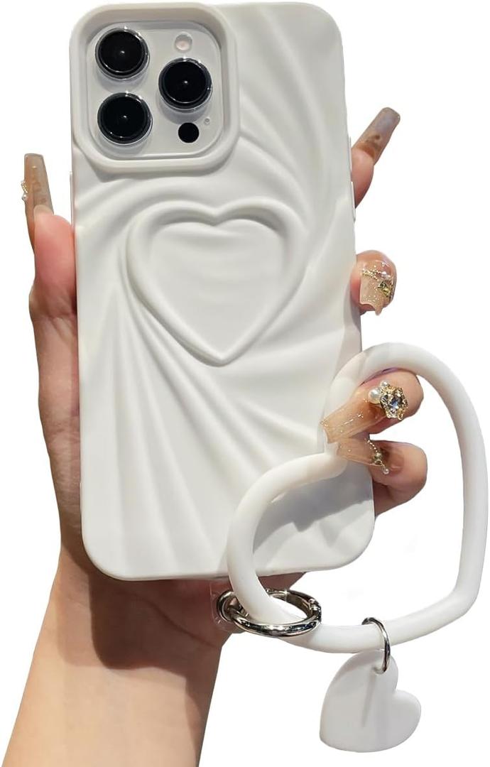 Compatible with iPhone 15 Pro Max Cute Case, White 3D Pleated Love Heart Phone Case with Heart Bracelet Chain, Soft Shockproof TPU Protective Cover for Women Girls, Kids (White, For iPhone 15 Pro Max)