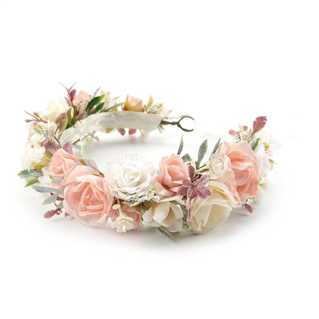 Flower Crown for Girls Wedding Peach White Floral Holo Hair Headpiece Bridal Wreath Young Girls Crown Garland Family Photo Shoots Prop Headband Wreath for Poppy Dogs (Peach-Child Size)