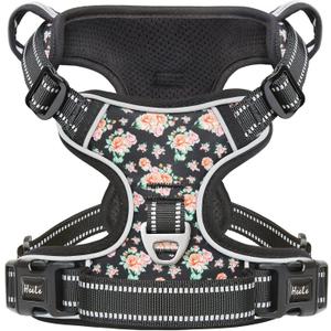 HEELE Dog Harness, No Pull Adjustable Padded Reflective Harness for Dogs with Handle for Walking Training, Flower-Black, L