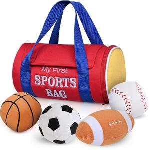 KMUYSL Baby Toys 0-12 Months, My First Sports Bag Plush Toy - 4 Sensory Balls Soft Toys with Crinkle, Rattles for 0-3-6-9-12 Month Newborn Infant, 1st Birthday for Babies Boys Girls Age 1