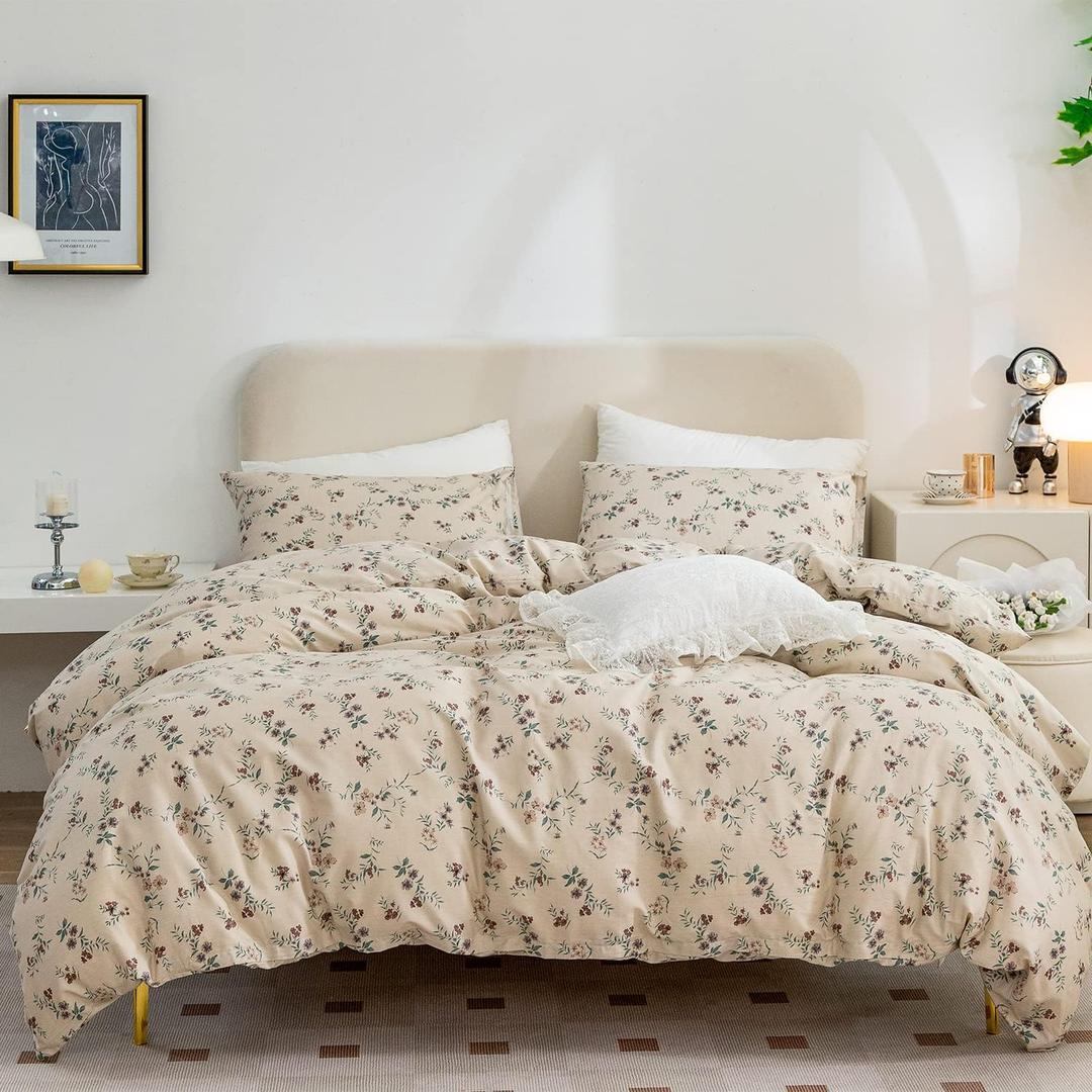 King Floral Duvet Cover, 100% Soft Cotton 3-Piece Bedding Set, Vintage Chic Garden Style Floral Pattern, King Size, Zipper Closure (King(90"x104"), 0406ab)