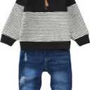 Baby Toddler Boy Clothes Fall Winter Boys Outfits Quarter Zip Pullover Sweatshirt Jeans Denim Pants Sweatsuit Set (Black)