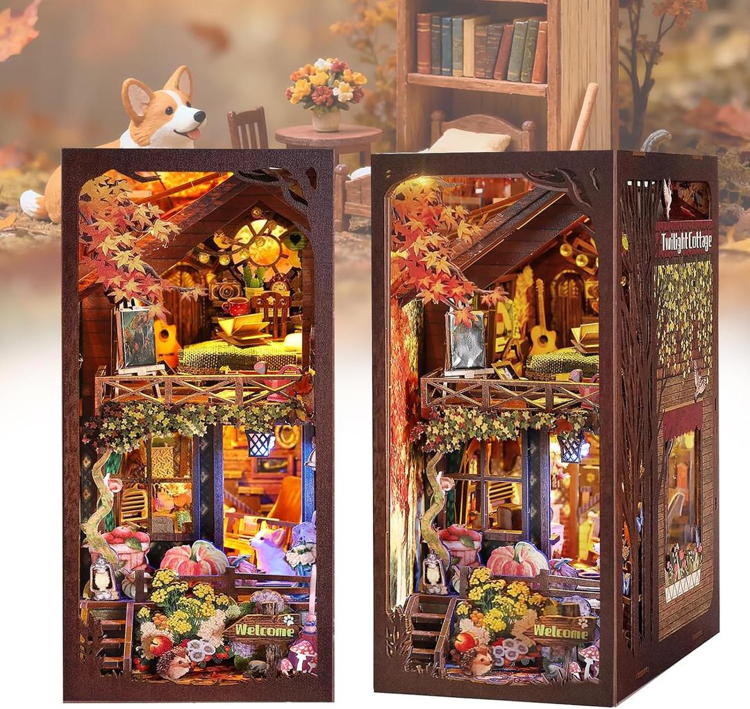 Autumn Cottage Book Nook Kits for Adults - Cozy Woodland 3D Puzzle with LED | Fall Leaves & Puppy Diorama | Mindful Gifts for Book Lovers (Orange)