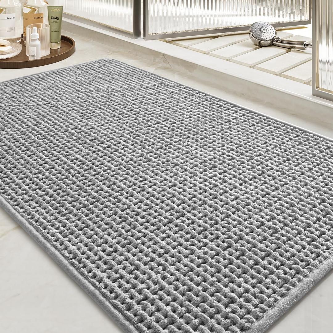 tchdio Soft Chenille Bath Mat-Super Absorbent Bathroom Mat Quick Dry- Rubber Backed Bath Mats for Bathroom Floor Non Slip- Machine Washable Bathroom Rugs Front of Bathtub,Shower Room,Sink-2435-GREY (2' x 2'11")