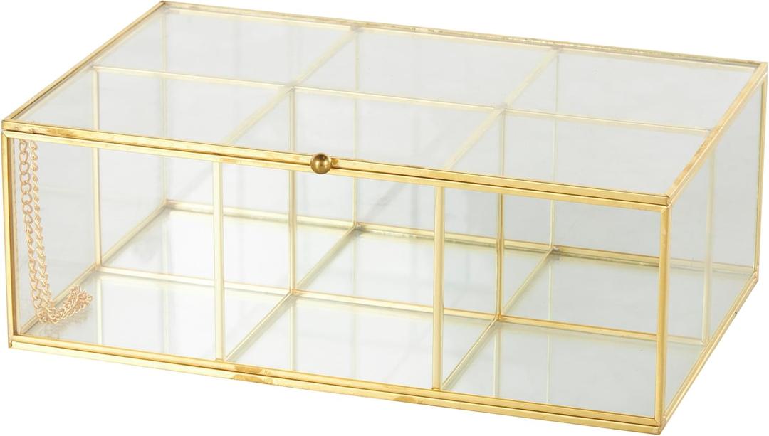 Deco 79 Glass Decorative Jewelry Box 6 Slot Jewelry Organizer with Gold Metal Frame and Chain Accent, Jewelry Holder 10" x 7" x 4", Clear