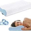 Cervical Neck Pillow for Pain Relief - Ergonomic Contour Memory Foam Pillows, Cooling Side Sleeper Pillow for Sleeping, Orthopedic Bed Pillow for Back Stomach Sleepers with Pillowcase (White & Blue)