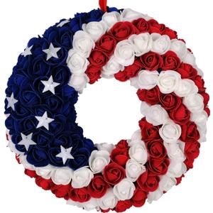 idyllic July 4th Wreath Patriotic Americana Wreath Boxwood Handcrafted Memorial Day Wreath Festival Garland Decoration Front Door Wall Home Decor (Blue) (13" ROUND)