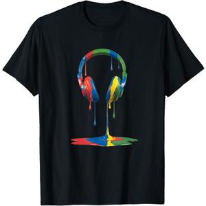 Gamer Headphones Paint Drip Music Lover T-Shirt L
