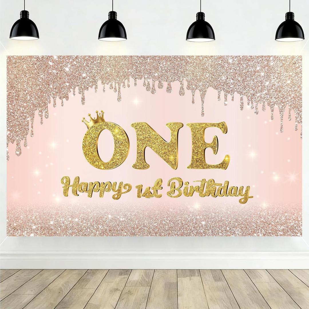 Happy 1st Birthday Backdrop for Girls, Pink Rose Gold Sparkle Crown First Birthday Photo Background, Onederful Birthday Party Decorations, 71×43 Inch