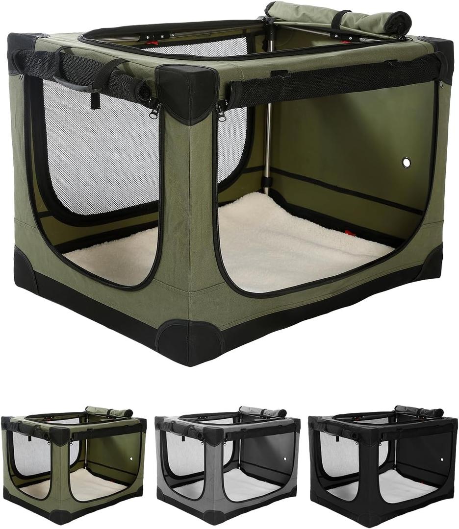 33 Inch Collapsible Travel Dog Crate for Medium Large Dogs, Portable Dog Crate 4-Door Foldable Soft Kennel with Durable Mesh Windows for Indoor & Outdoor Travel, with Storage Bag,Green