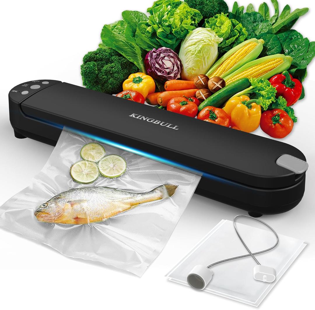 Kingbull Vacuum Sealer Machine, Dry & Moist Food Sealer with Built-in Cutter, Sous Vide & Food Storage, 10 Vacuum Seal Bags & 1 Air Suction Hose, Black