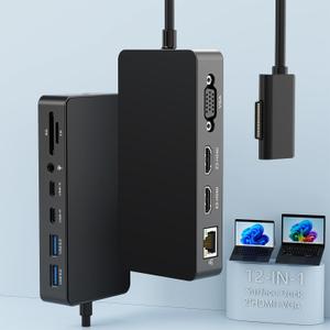 for New MS Surface Dock Triple Display with Power Supply,12 in 1 Surface Pro Docking Station Dual 4K HDMI+VGA for Surface Pro 9/8/X/7/6/5/4/3,Surface Laptop go/5/4/3/2/1,Surface Book 3/2/1 (Black)