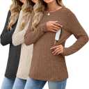 3 Pack Women's Nursing Tops Breastfeeding Shirts Long Sleeve Maternity Ribbed Sweaters with Hidden Zipper (Medium, Black, Apricot, Brown)
