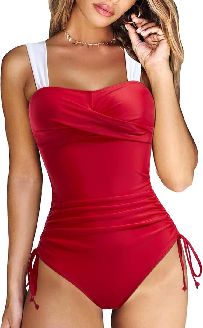 RXRXCOCO Womens Ruched Twist One Piece Swimsuit Tummy Control Bathing Suit Push Up Drawstring Color Block Swimwear Red and White, Small