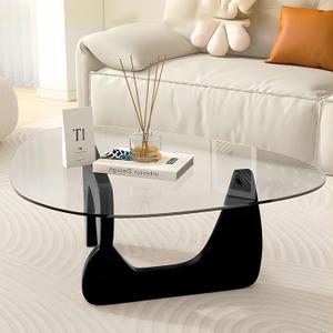 Black Modern Glass Coffee Table, Unique Triangle Coffee Table for Living Room, Tempered Glass Top + Wooden Base, Abstract Contemporary Center Tables for Home Office Bedroom (32.3″D×25.6″W×15.8″H)