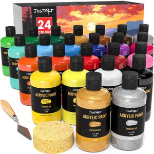 JusArt 24 Colors Acrylic Paint Set, Including Gold and Silver, 8.45oz(250ml) Large Bottles Adult Artist Paints for Canvas, Crafts, Mural, Rocks, Clay, Fabric, Wood